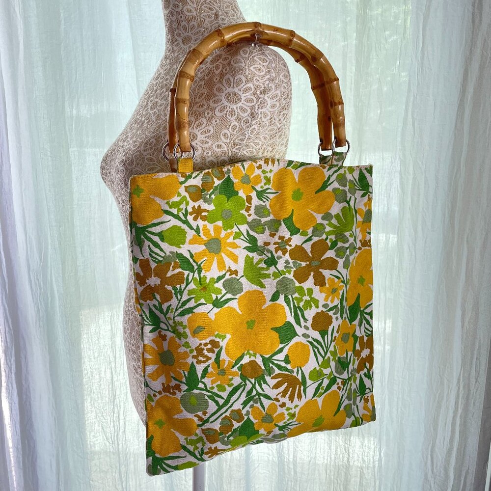 Vintage Retro Summer Canvas Tote, Bamboo Handles